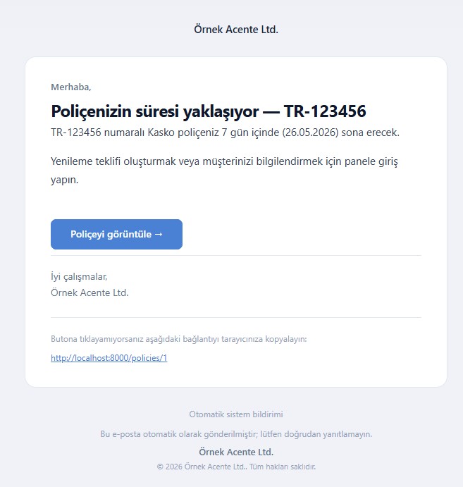 Sigorta Acentesine Gönderilen Mail